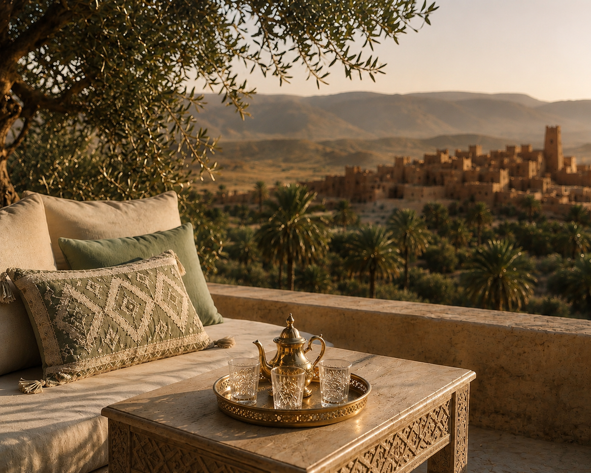 Bannière Évasion Maroc : voile vert sauge poudré, lanterne dorée et vue sur un paysage côtier marocain contemporain dans des tons ivoire et beige doré.

