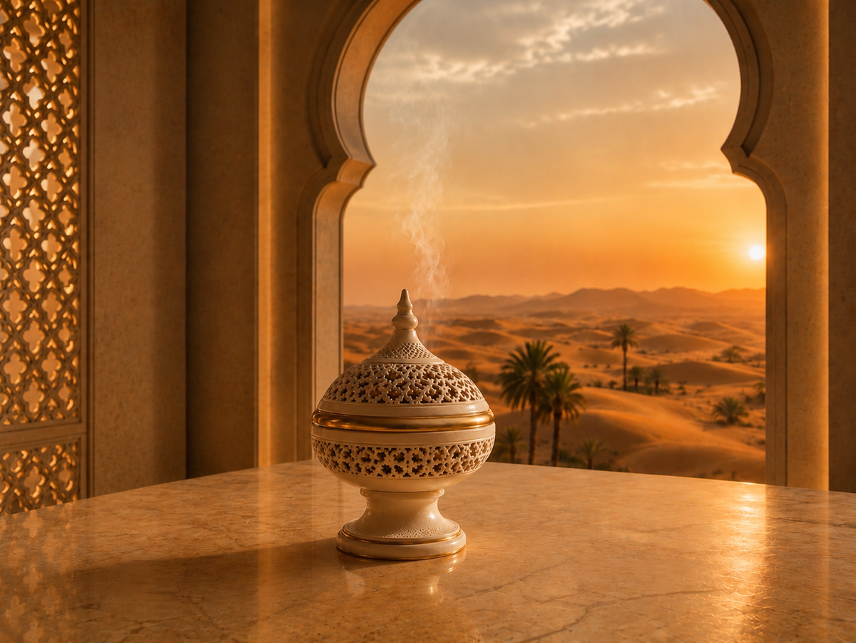 Encensoir oriental ivoire et doré devant un paysage de dunes et palmiers au coucher du soleil – Évasion Orient Doré Hazellia

