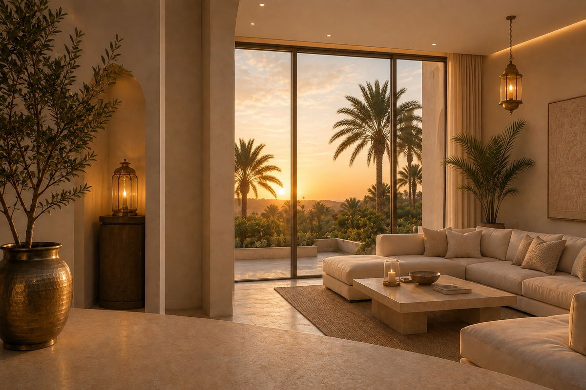 Intérieur contemporain beige et ivoire avec baie vitrée sur un paysage de palmiers au coucher du soleil – Évasion Orient Doré Hazellia

