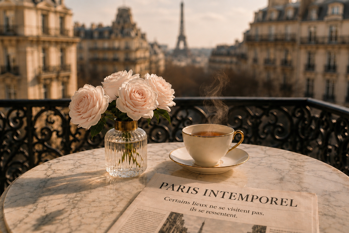 Balcon parisien élégant avec infusion, roses ivoire rosé et vue sur la tour Eiffel – Évasion Paris Intemporel Hazellia

