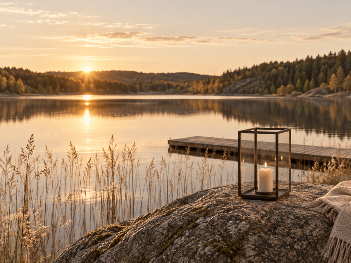 Lac scandinave au coucher du soleil avec lanterne contemporaine et plaid ivoire sur roche – Évasion Scandinavie Cocooning Hazellia

