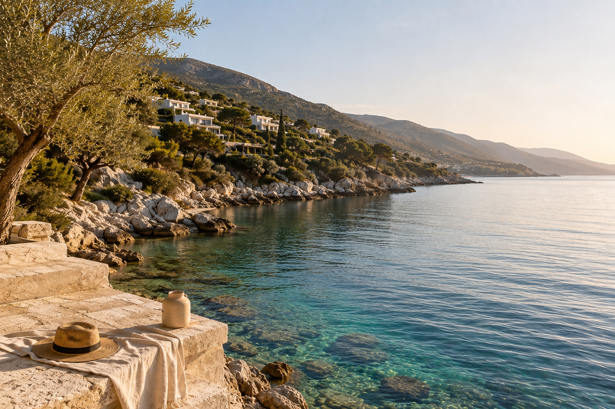 Évasion sur la côte égéenne turque, paysage inspiré de Bodrum entre mer turquoise, reliefs méditerranéens et maisons blanches.

