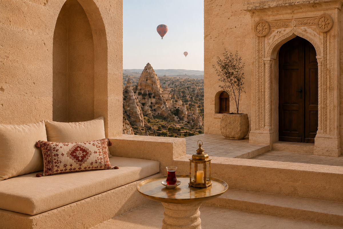 Évasion Turquie Hazellia, terrasse traditionnelle en Cappadoce avec coussin turc, thé sur plateau doré et montgolfières

