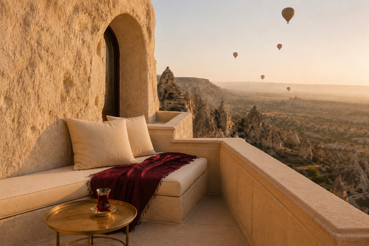 Évasion Turquie Hazellia, terrasse en pierre en Cappadoce avec thé turc, plaid bordeaux et montgolfières au coucher du soleil

