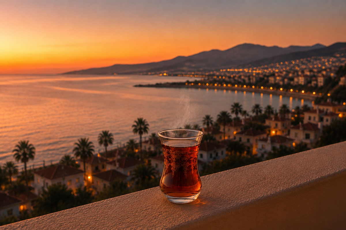 Verre de thé turc fumant face à la mer au coucher du soleil, ambiance côtière d’Izmir – Évasion Turquie Hazellia

