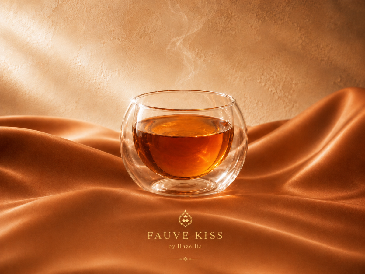 Infusion Fauve Kiss Hazellia dans un mug en verre sur satin caramel cognac