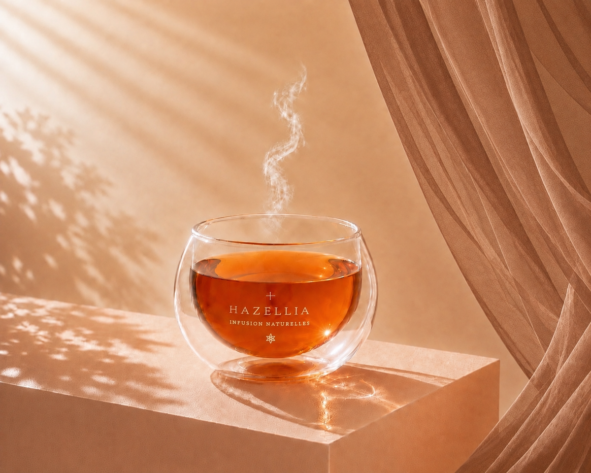 Infusion Fauve Kiss Hazellia dans un mug en verre, voile marron clair et ambiance ambre ivoire

