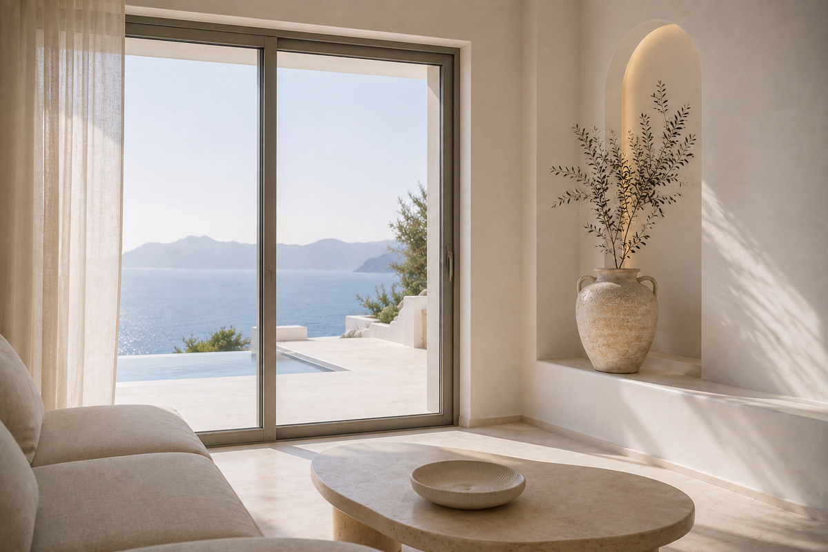 Intérieur grec contemporain et minimaliste avec baie vitrée sur la mer Égée – Grèce Éternelle Hazellia

