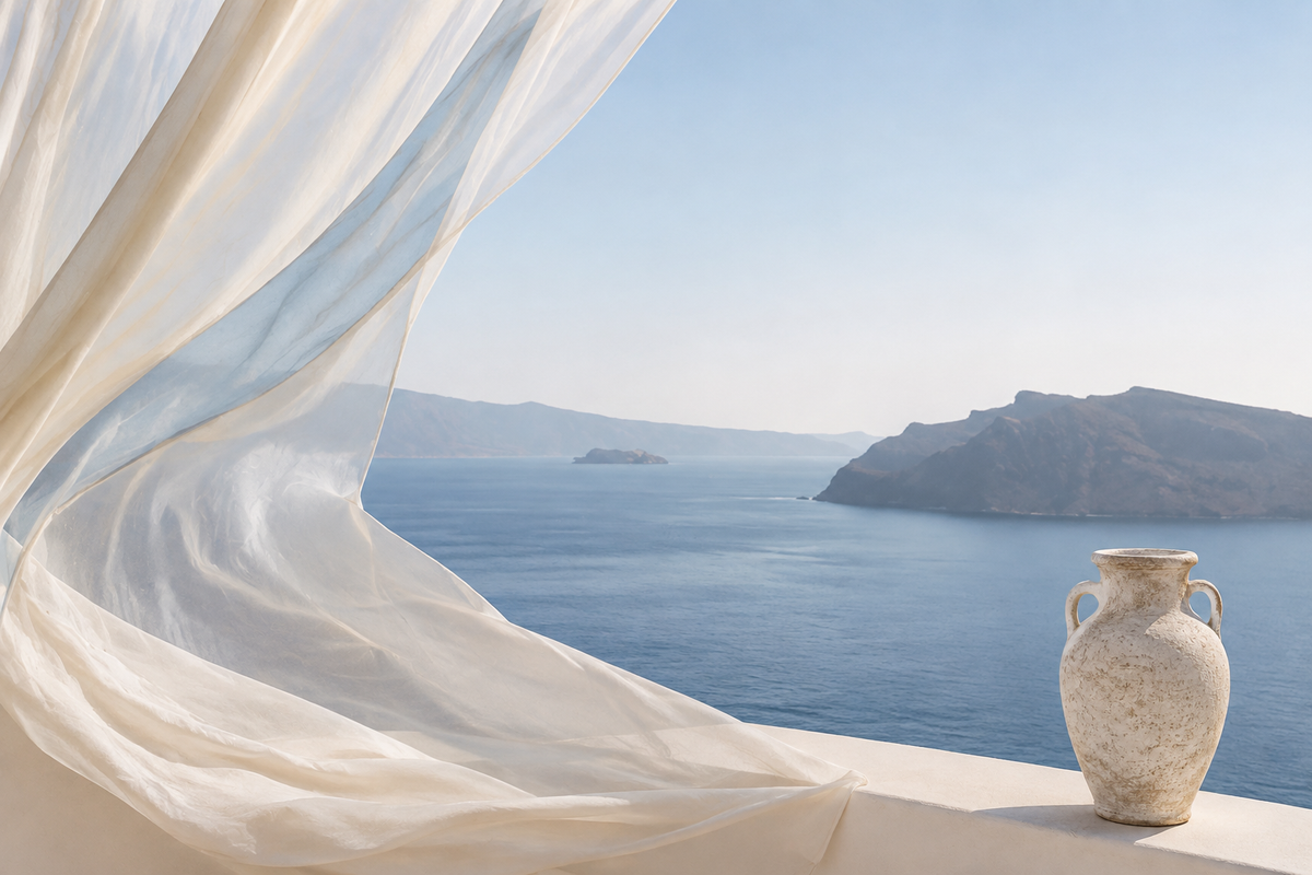 Voile blanc flottant face à la mer Égée avec amphore grecque sur une terrasse – Grèce Éternelle Hazellia

