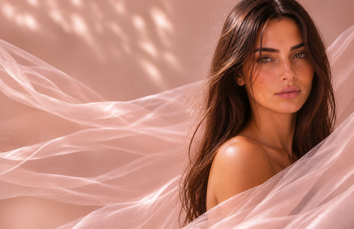 Portrait beauté d’une femme brune aux cheveux longs, entourée de voiles aériens rose poudré et champagne, dans l’univers HazBeauty de Hazellia.

