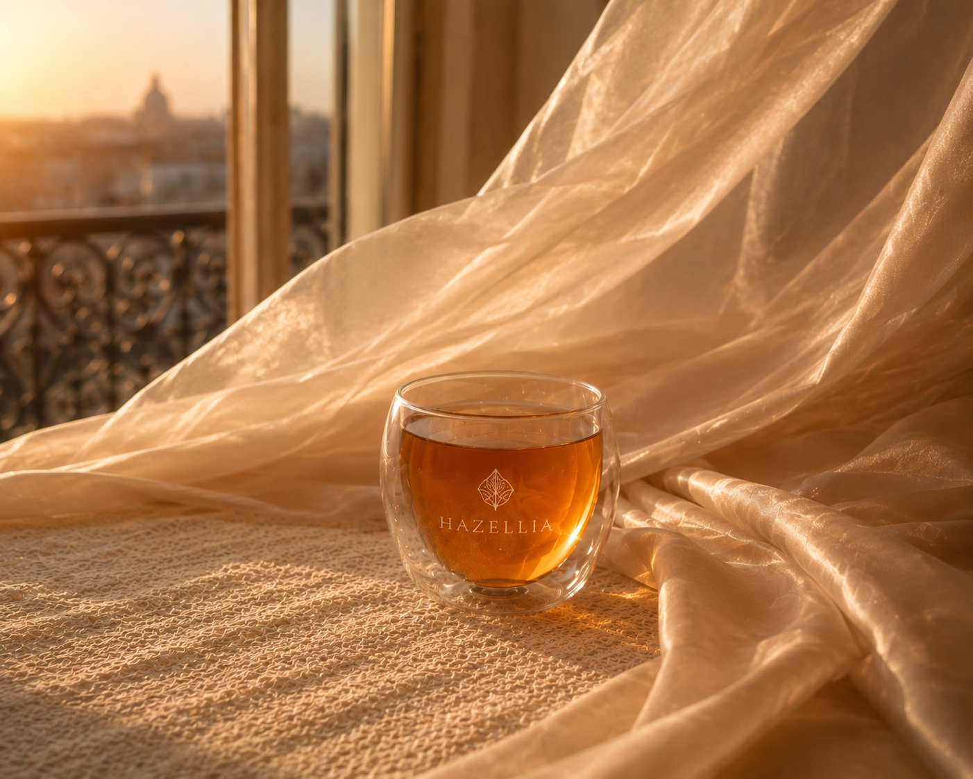 Infusion bien-être Hazellia dans un verre transparent, voile délicat et lumière de fin de journée aux tons champagne.