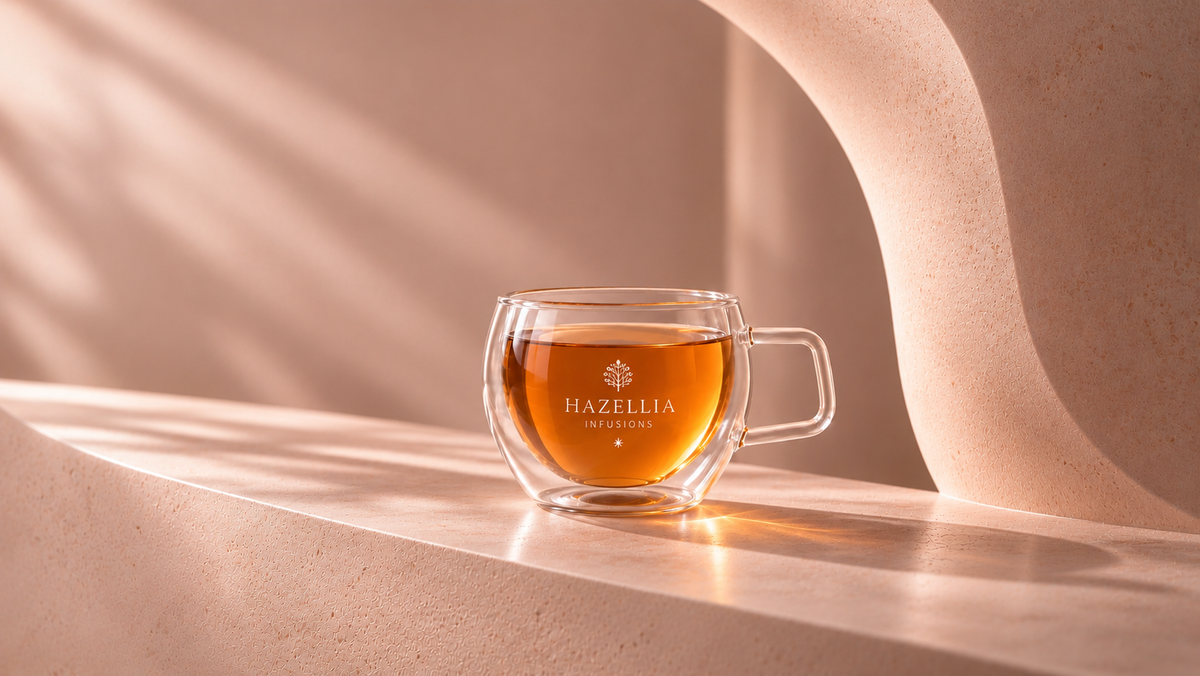 Mug signature Hazellia en verre double paroi, rempli d'une infusion ambrée, dans un décor architectural en pierre beige rosé et champagne – Collection Beauté & Éclat.
