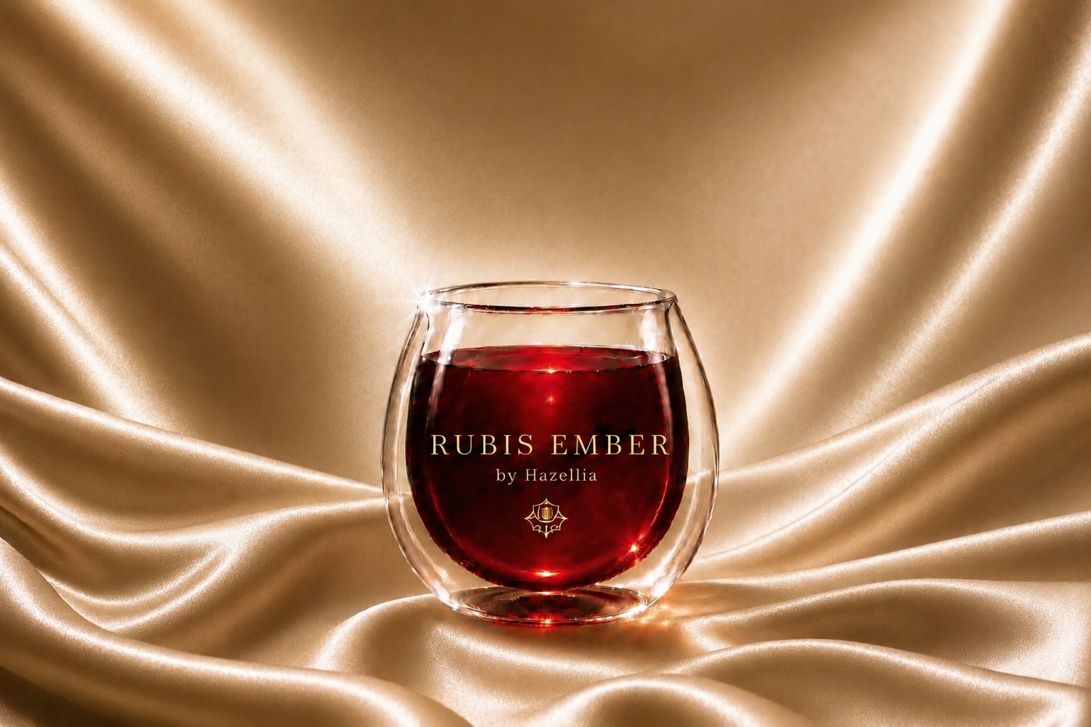 Infusion signature Rubis Ember HazBloom de Hazellia dans un mug en verre double paroi, infusion rouge rubis lumineuse sur un satin champagne doré, bannière éditoriale premium inspirée de l’univers du luxe.

