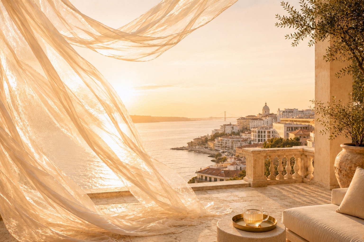 Bannière éditoriale de l’infusion signature Ivory Prism par Hazellia, voile ivoire champagne flottant devant un panorama lumineux de Lisbonne, évoquant l’éclat, la lumière et l’inspiration portugaise.

