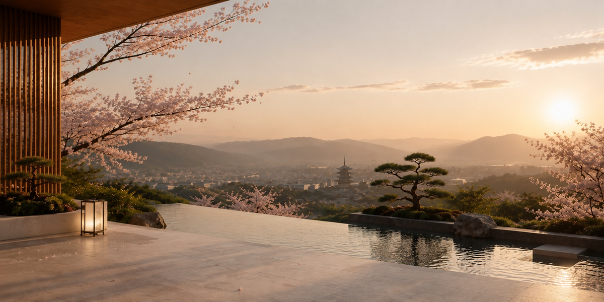 Vue contemporaine sur le Japon au coucher du soleil, terrasse de luxe avec bassin, cerisiers sakura et paysage de Kyoto – Hazellia Voyage

