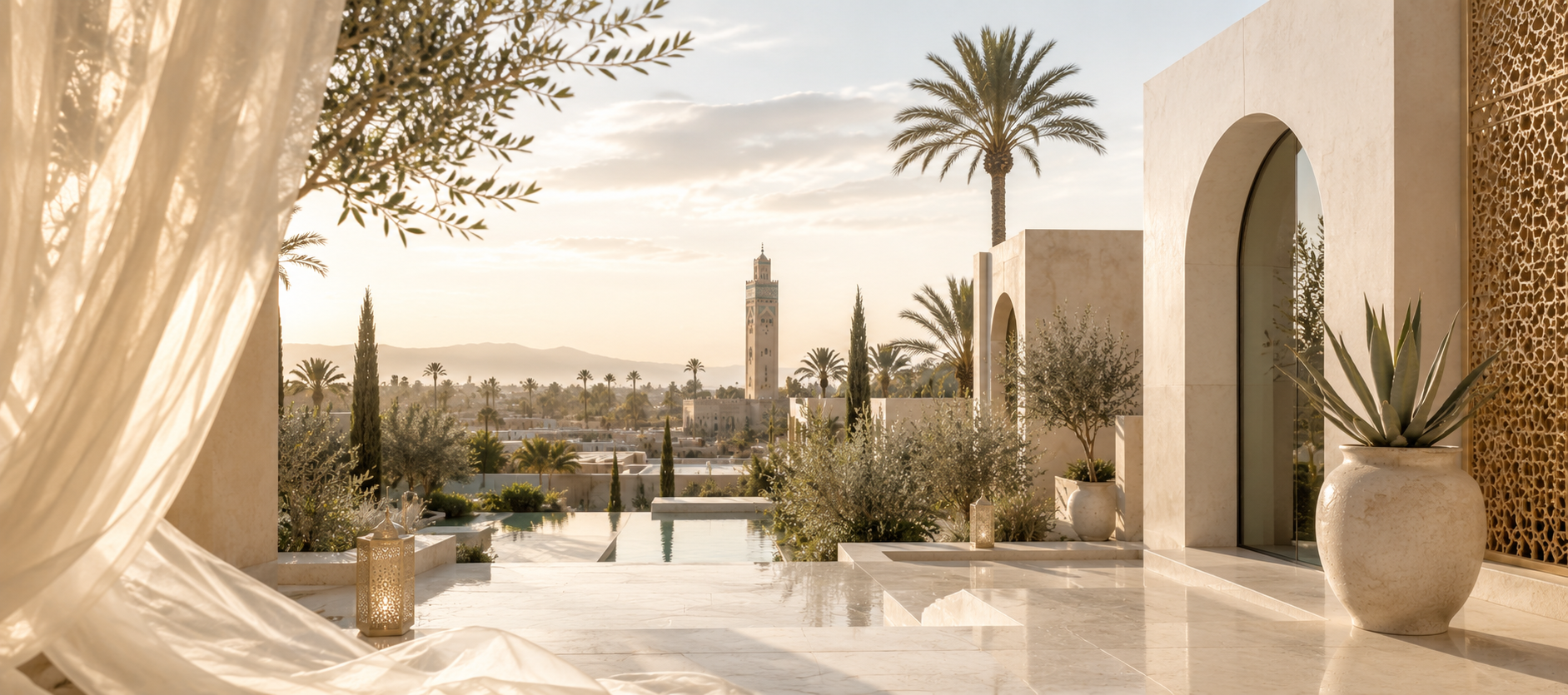Architecture marocaine contemporaine de luxe, paysage élégant aux tons ivoire, beige doré et vert sauge poudré, bassin, arches modernes et lumière dorée pour l’univers Maroc Douceur de la Maison Hazellia.

