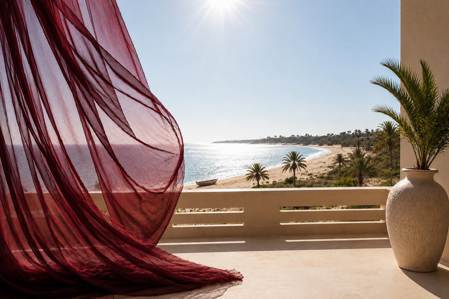 Panorama du Sénégal au coucher du soleil depuis une terrasse contemporaine Hazellia Voyage, voile bordeaux flottant, plage bordée de palmiers et pirogue traditionnelle, univers Rubis Ember – Sénégal Soleil.



