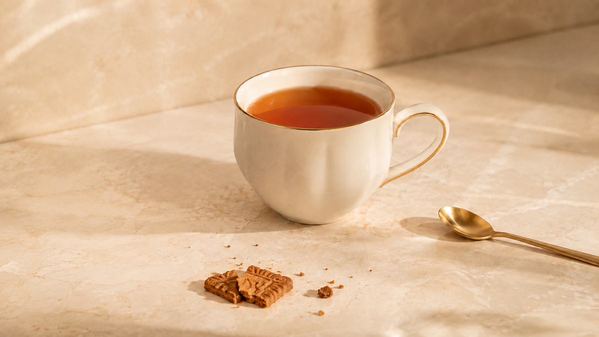 Infusion gourmande Hazellia aux notes de biscuit épicé, avec tasse en céramique ivoire et éclats de biscuit.
