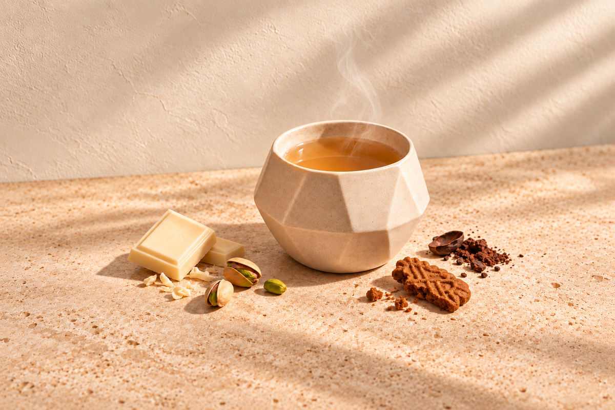 Infusion gourmande avec chocolat blanc, pistaches, spéculoos et cacao – HazBloom Gourmandise Couture

