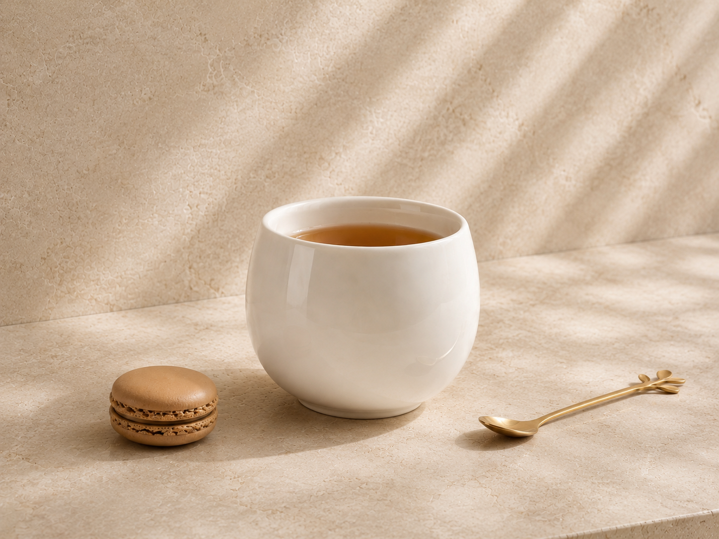 Infusion gourmande HazBloom dans un mug en céramique ivoire avec macaron, rituel de dégustation Hazellia

