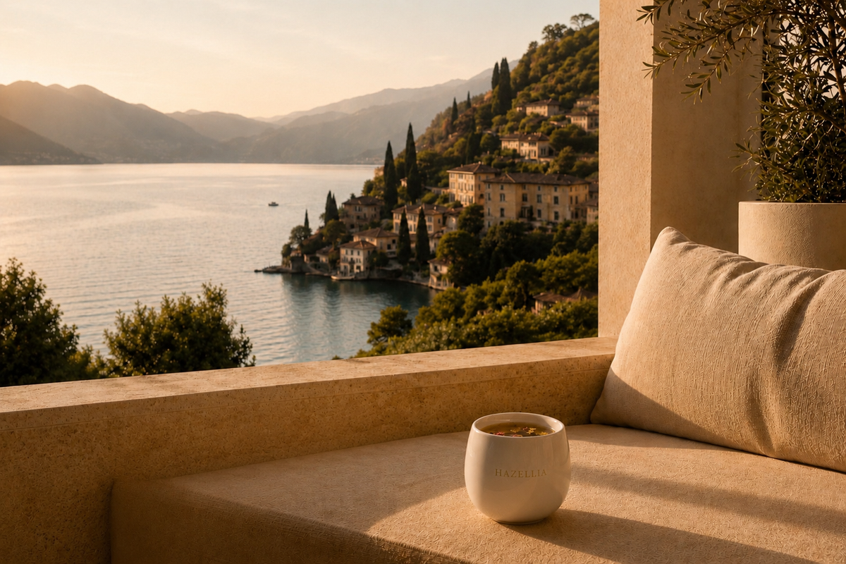 Vue sur un lac italien et un village à flanc de montagne depuis une terrasse contemporaine baignée de lumière dorée – Italia Dolce Vita, Hazellia Voyage.

