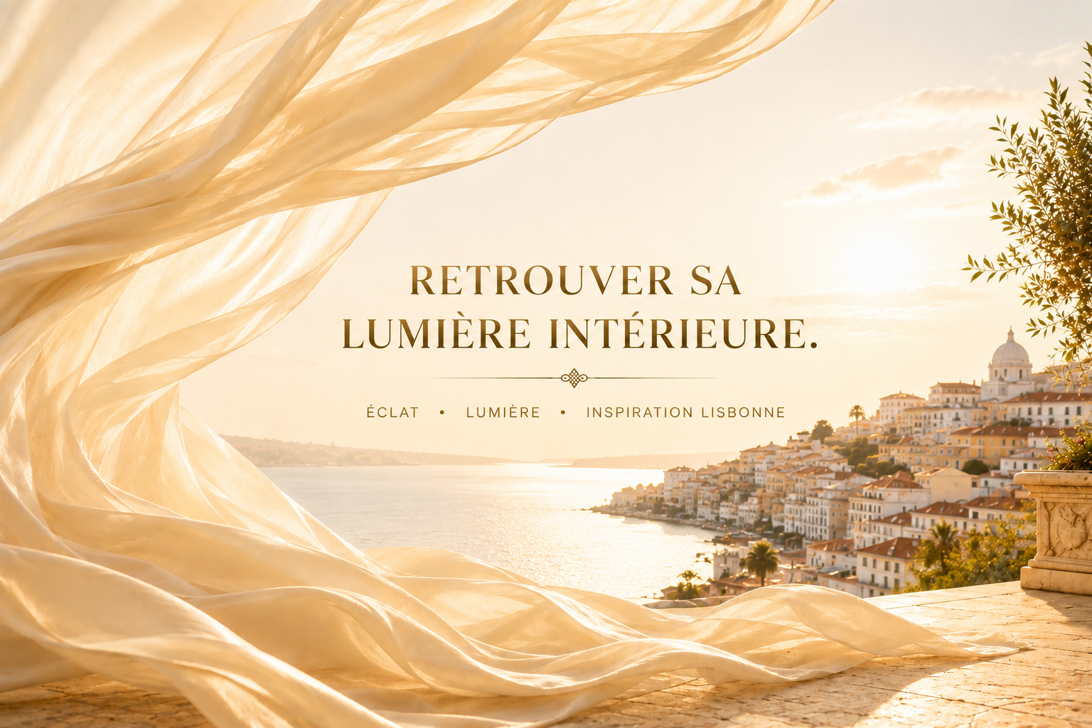 Bannière éditoriale Hazellia mettant en scène l’infusion signature Ivory Prism dans un univers lumineux inspiré de Lisbonne, avec un voile champagne aérien, une vue élégante sur le Tage et une architecture contemporaine baignée de lumière, symbole d’éclat et de bien-être féminin.

