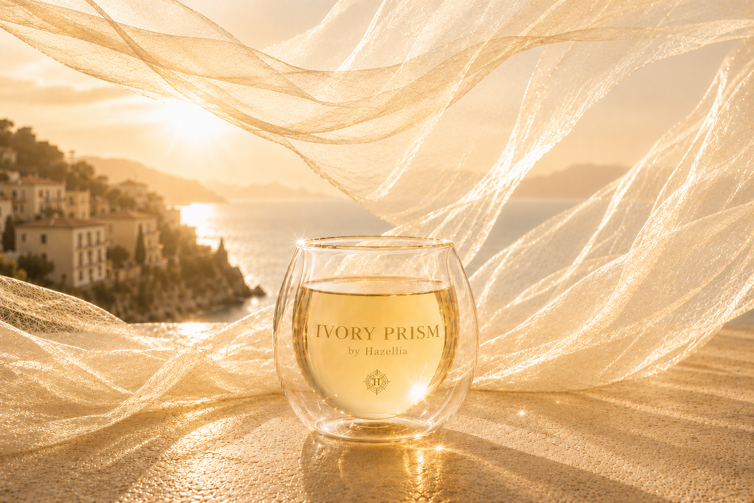 Ivory Prism – rituel d’infusion bio HazBloom signé Hazellia, univers Italie Dolce Vita, mug en verre premium, infusion ambrée lumineuse, voile champagne transparent inspiré de la haute couture et lumière dorée.

