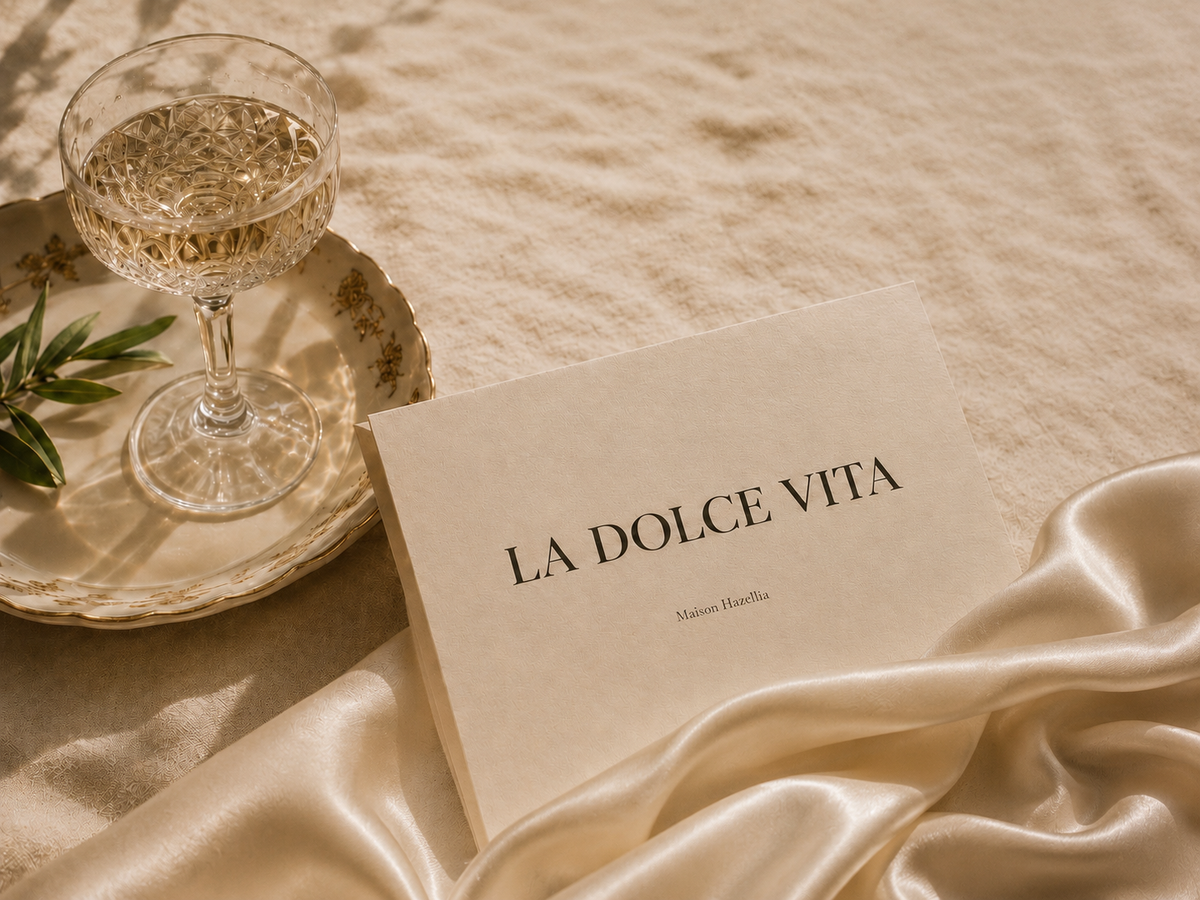 Carte La Dolce Vita Maison Hazellia sur satin ivoire beige avec verre en cristal, ambiance élégante italienne et luxe contemporain

