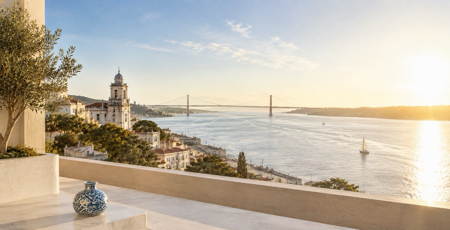Terrasse contemporaine avec vue sur Lisbonne et le Tage au coucher du soleil – Lisbonne Lumineuse, Hazellia Voyage

