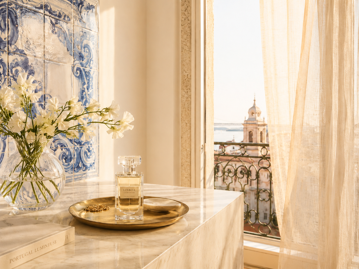 Intérieur élégant à Lisbonne avec azulejos portugais, lumière dorée et balcon sur la ville

