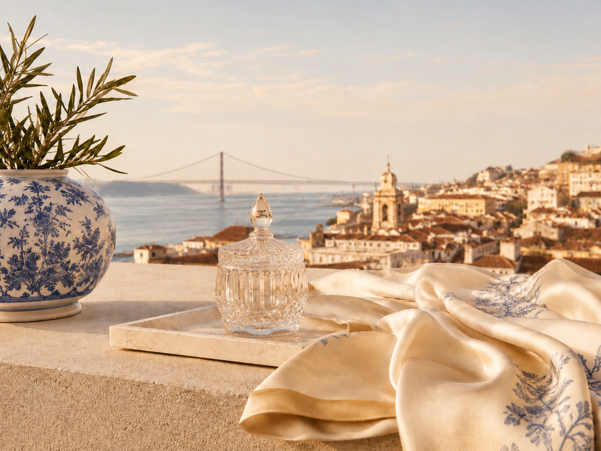 Lisbonne Lumineuse au Portugal, objet en cristal, azulejos bleus et vue sur le Tage au coucher du soleil

