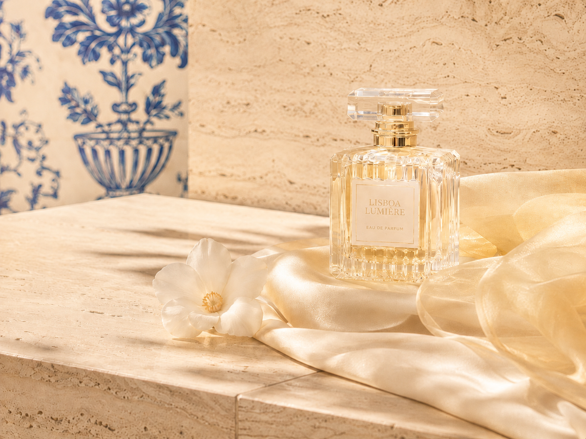 Flacon en cristal sur satin ivoire et azulejos portugais, ambiance lumineuse et élégante inspirée de Lisbonne

