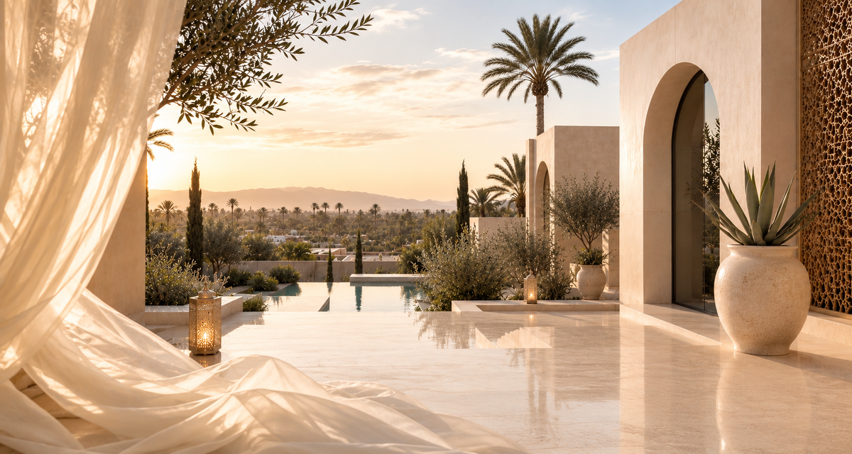 Terrasse marocaine contemporaine aux tons ivoire et champagne, voile léger, architecture avec arches et moucharabieh, bassin et végétation – Maroc Douceur, Hazellia Voyage

