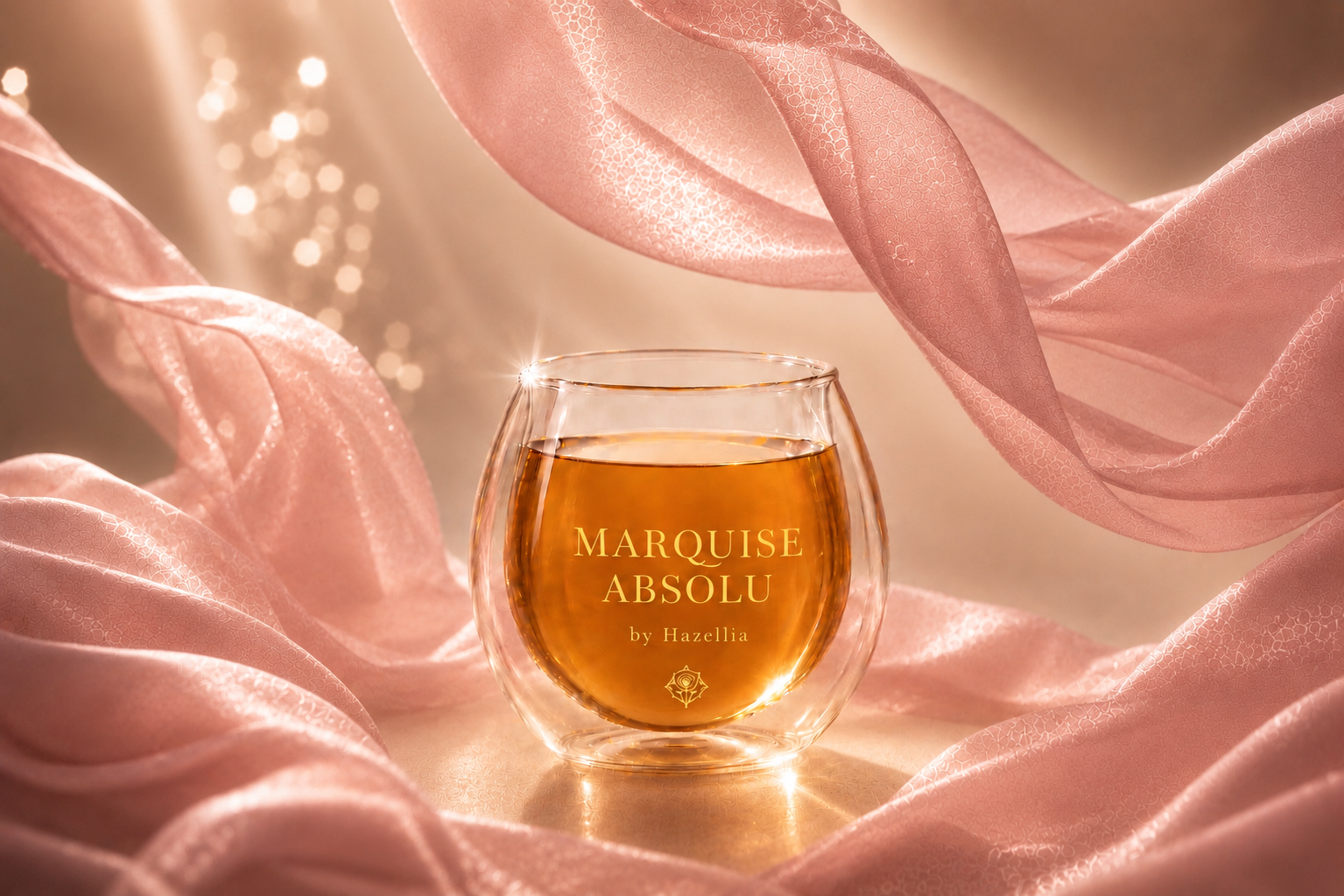 Marquise Absolu HazBloom by Hazellia, infusion bio premium inspirée de Paris Intemporel, mug en verre double paroi, infusion ambrée effet bijou, voile rose poudré couture et lumière champagne.

