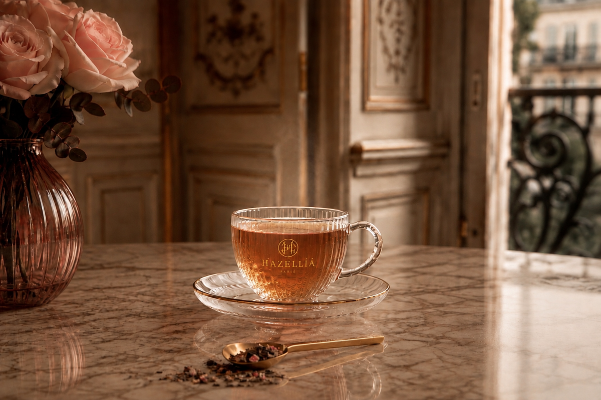 Infusion Marquise Absolu Hazellia dans une tasse en verre, ambiance parisienne élégante aux roses poudrées

