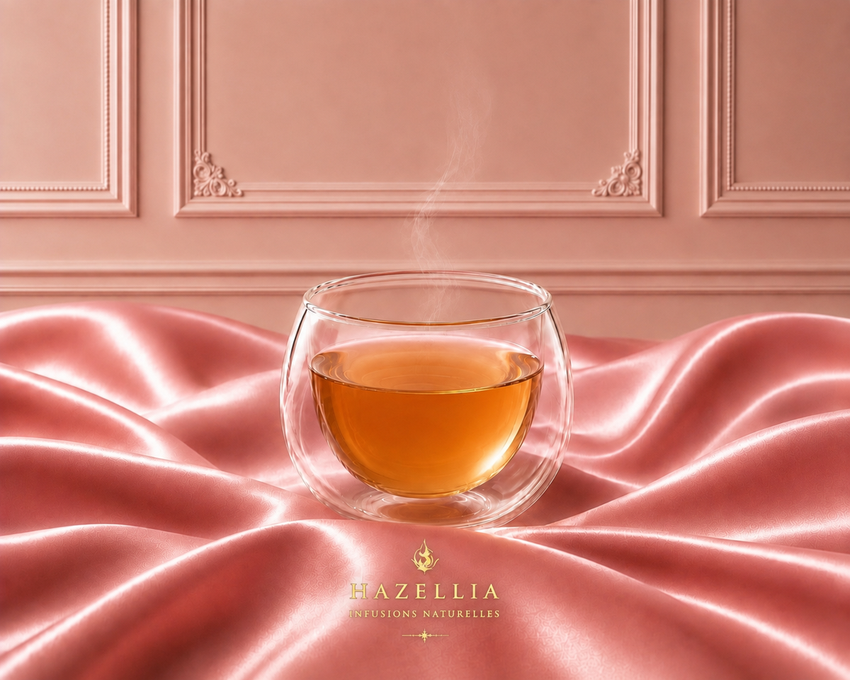 Infusion Marquise Absolu Hazellia dans un mug en verre double paroi sur satin rose poudré, univers parisien chic et premium

