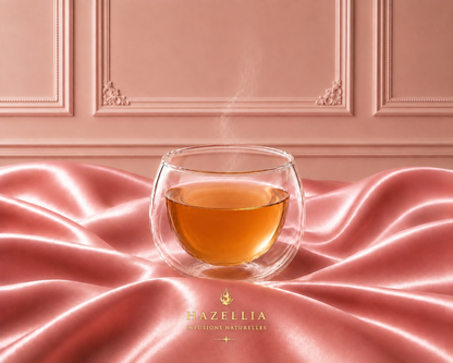 Infusion Marquise Absolu Hazellia dans un mug en verre double paroi sur satin rose poudré, univers parisien chic et premium

