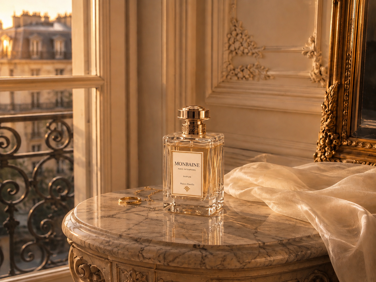 Parfum MONBAINE Maison Hazellia dans un intérieur haussmannien parisien, lumière dorée et satin ivoire – Paris Intemporel


