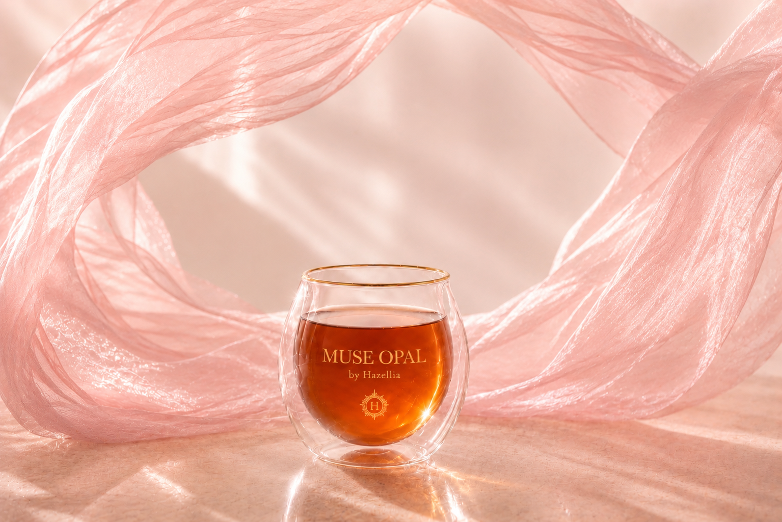 Muse Opal HazBloom, infusion bio Hazellia dans un mug en verre double paroi, thé ambré lumineux, voile rose poudré et ambiance ivoire champagne haut de gamme.

