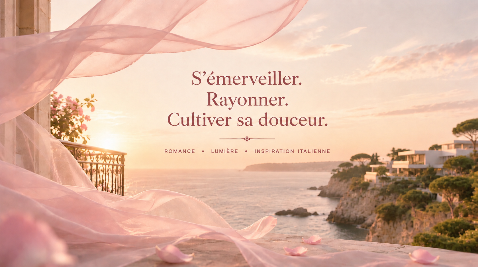 Muse Opal, infusion signature HazBloom de Hazellia, bannière éditoriale inspirée de la Dolce Vita italienne avec un voile rose poudré, un paysage côtier lumineux, une architecture contemporaine de luxe et une atmosphère romantique dédiée au bien-être féminin.

