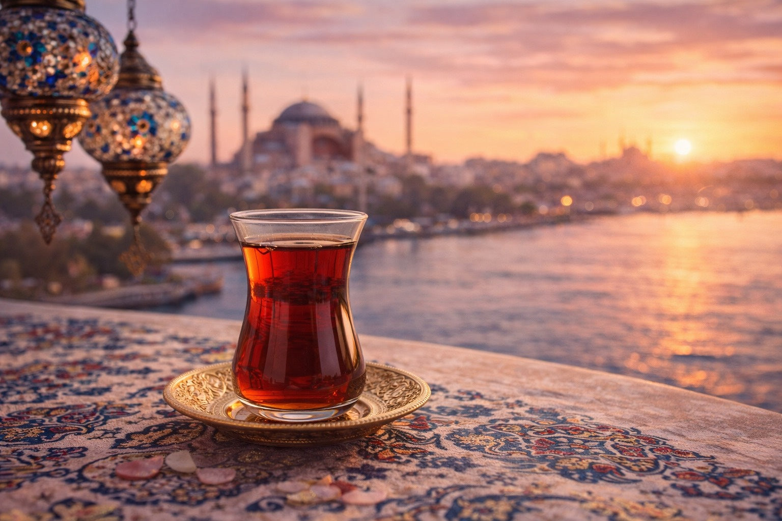 Nuit turque Hazellia avec thé turc, lanternes en mosaïque et coucher de soleil sur Istanbul

