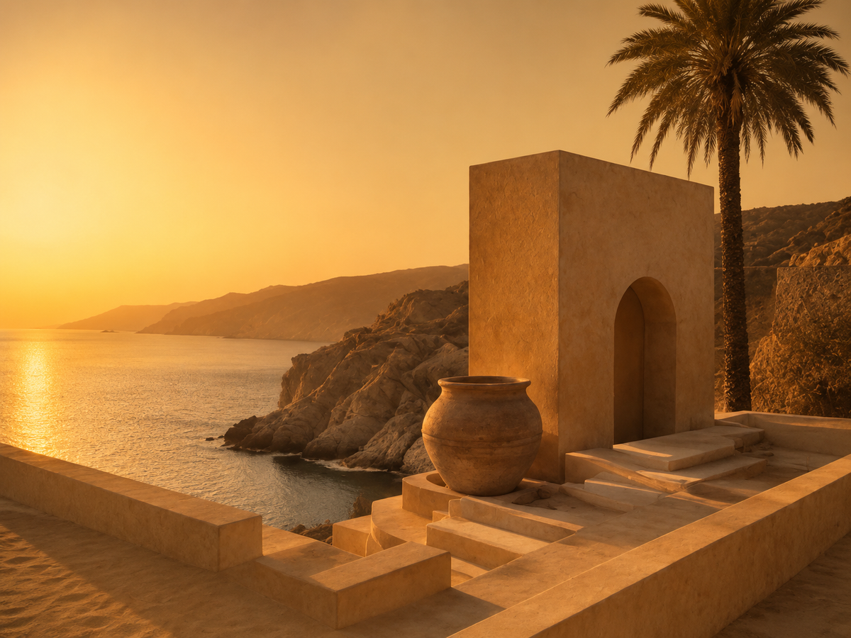Architecture orientale contemporaine face à une côte rocheuse au coucher du soleil, avec palmier et tons beige doré – Orient Doré Hazellia

