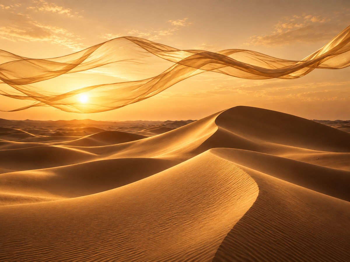 Orient Doré Hazellia, dunes dorées au coucher du soleil avec voiles de soie dans un univers premium et contemporain

