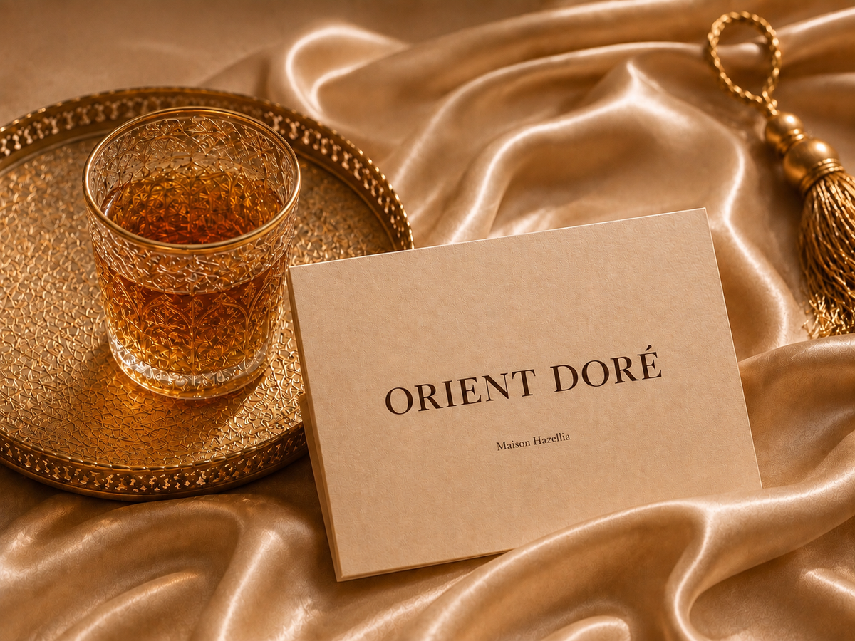 Carte Orient Doré Maison Hazellia sur satin champagne avec verre oriental ciselé et plateau doré, ambiance luxe contemporaine

