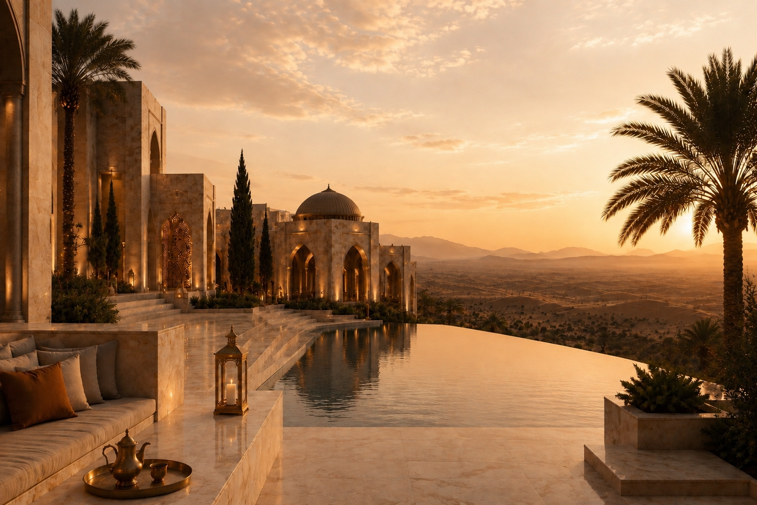 Orient Doré | Hazellia Voyage – Architecture orientale contemporaine, terrasse en marbre ivoire, désert, palmiers et lumière dorée dans un univers de voyage luxueux.

