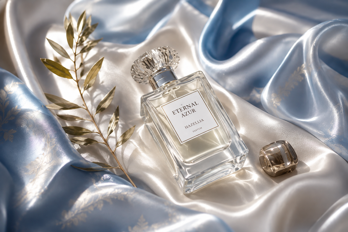 Parfum Eternal Azur Hazellia sur satin ivoire et bleu poudré, création inspirée de la Grèce et de la mer Égée

