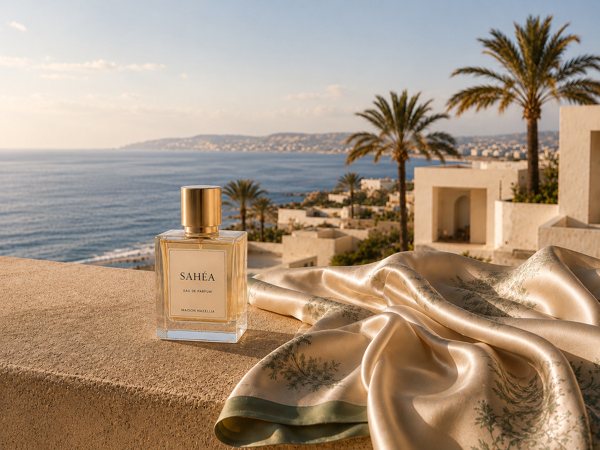 Parfum SAHÉA Maison Hazellia sur terrasse marocaine face à la mer, foulard satiné ivoire et vert sauge – Évasion Maroc Douceur

