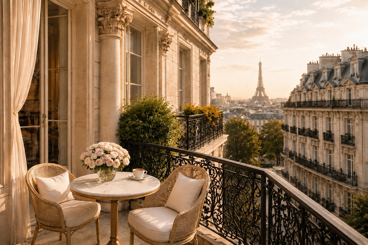 Paris Intemporel Hazellia, balcon parisien élégant avec vue sur la Tour Eiffel dans une ambiance lumineuse, chic et haut de gamme

