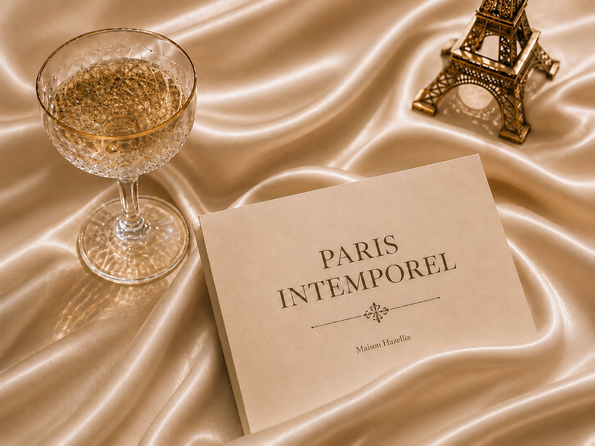 Composition chic Paris Intemporel sur satin ivoire beige avec coupe en cristal et miniature de la tour Eiffel – Maison Hazellia

