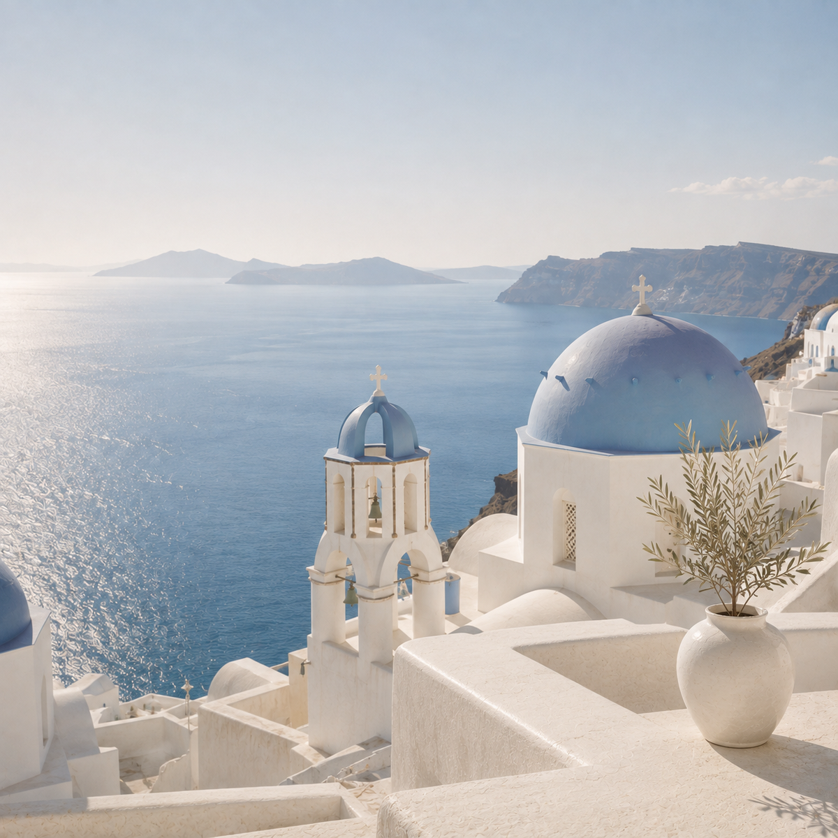Paysage grec avec architecture blanche, dôme bleu et vue sur la mer Égée – Grèce Éternelle Hazellia

